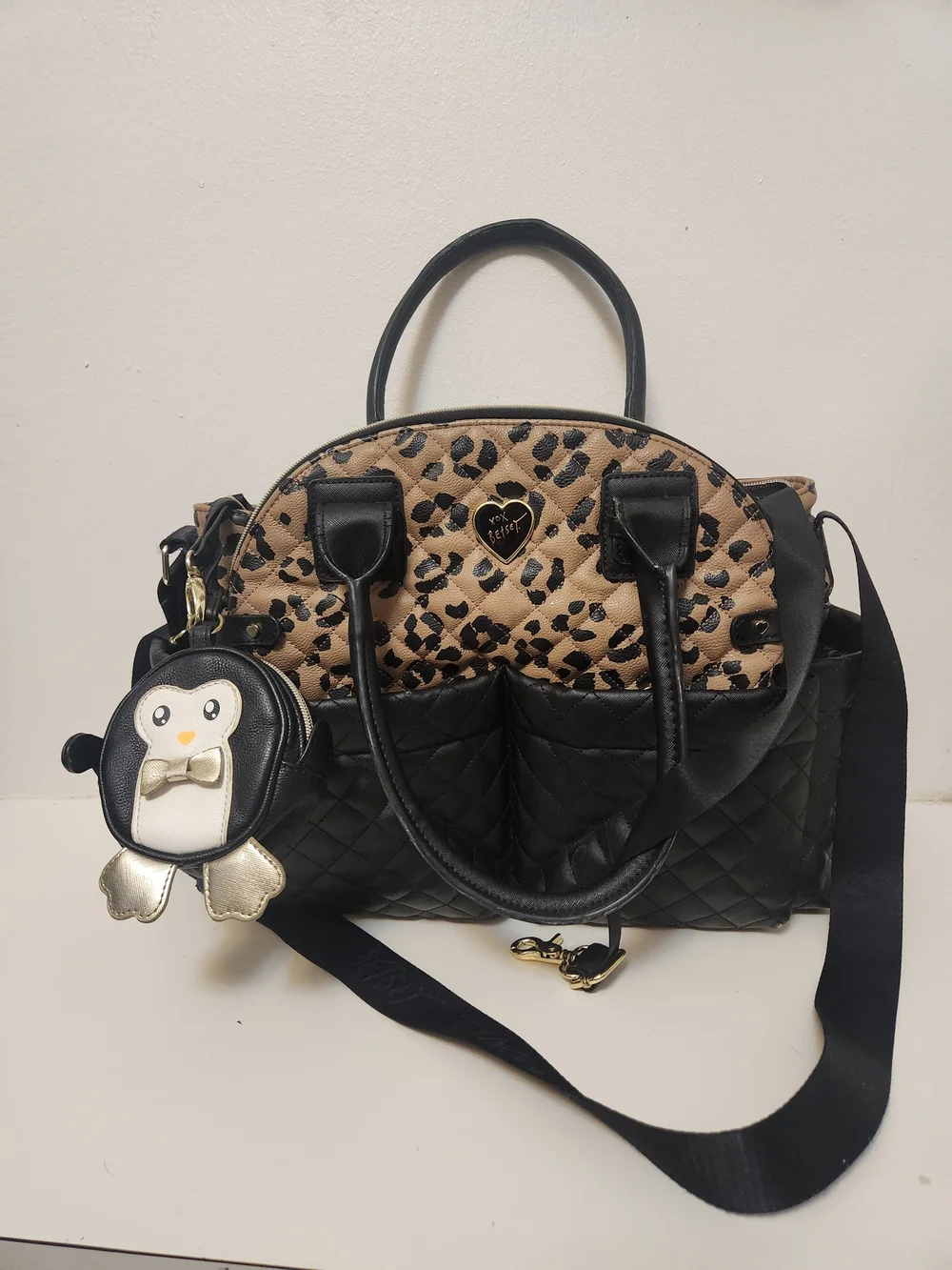 Betsey Johnson 3-Piece Quilted Leopard Tote, Penguin Coin Purse,Travel Organizer